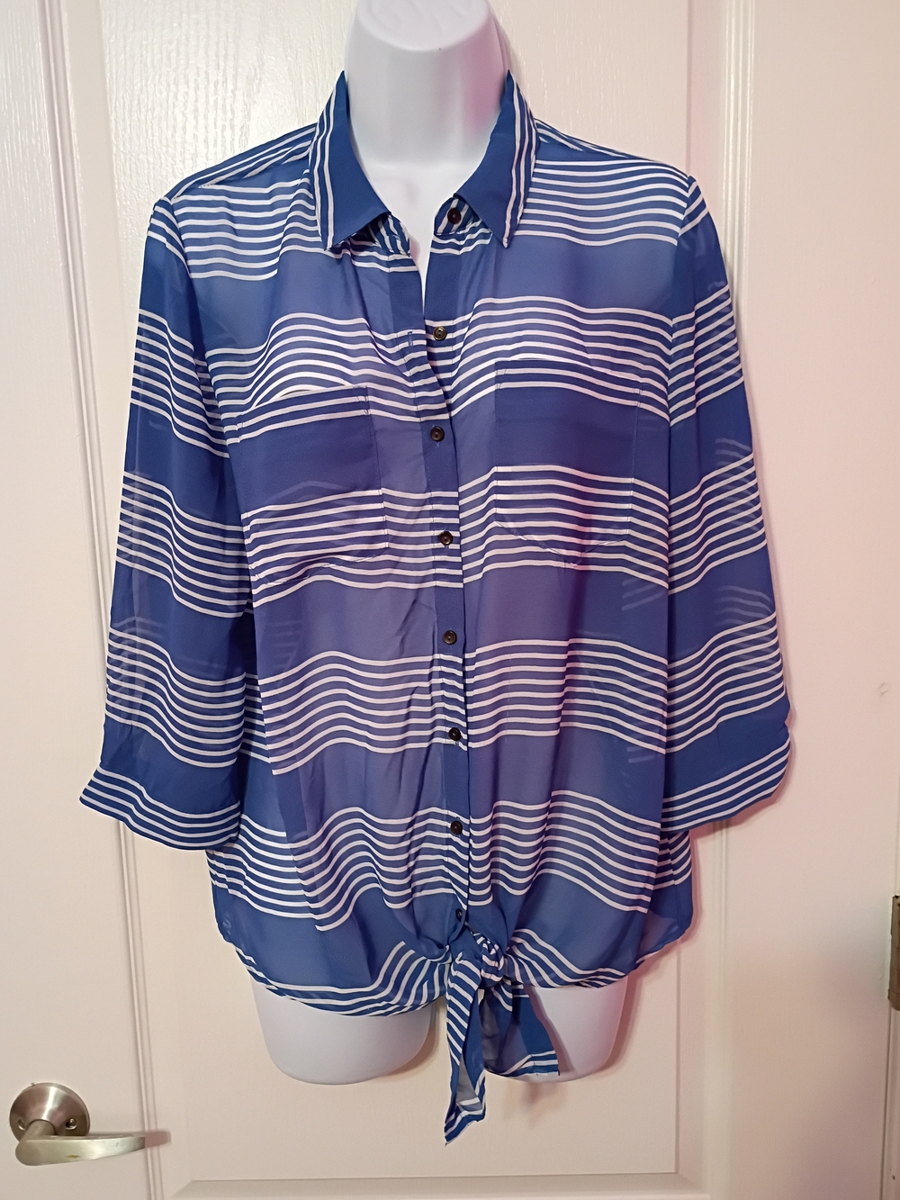 Reitmans Blue and White Striped Tie-Front Button Down Shirt